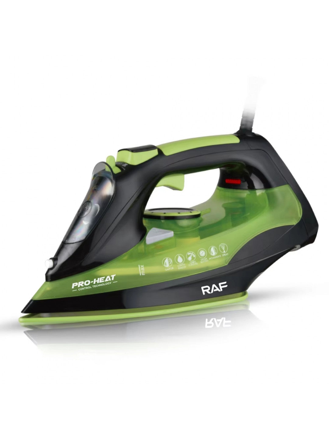 Ferro de engomar elétrico Profissional a vapor RAF R-1248G, 2200 W, base de cerâmica, verde