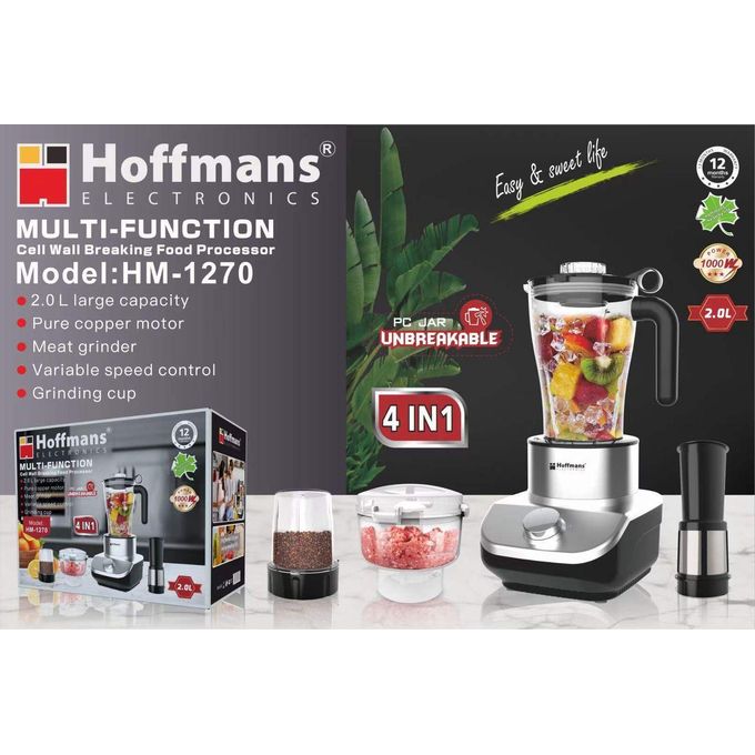 Hoffmans HM-1270 Multi-Função 4-em-1 Processador de Alimentos com Capacidade de 2.0L e Jarra Inquebrável - Prata