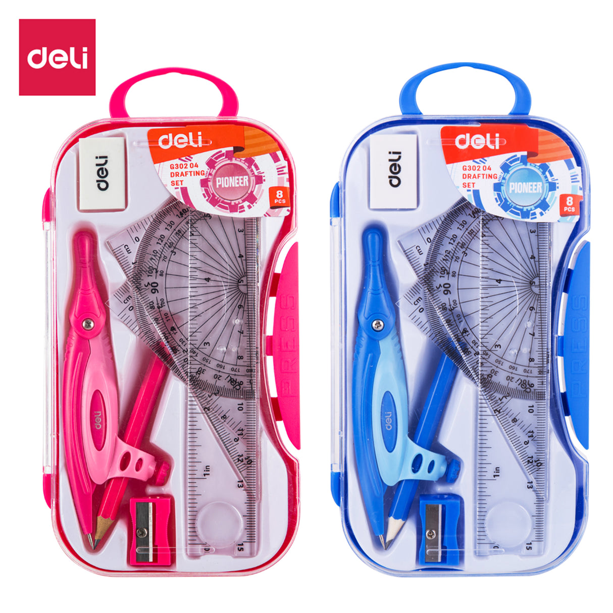 Compasso de plástico conjunto de 8 peças Deli EG30204_PS (misto) 12p/caixa