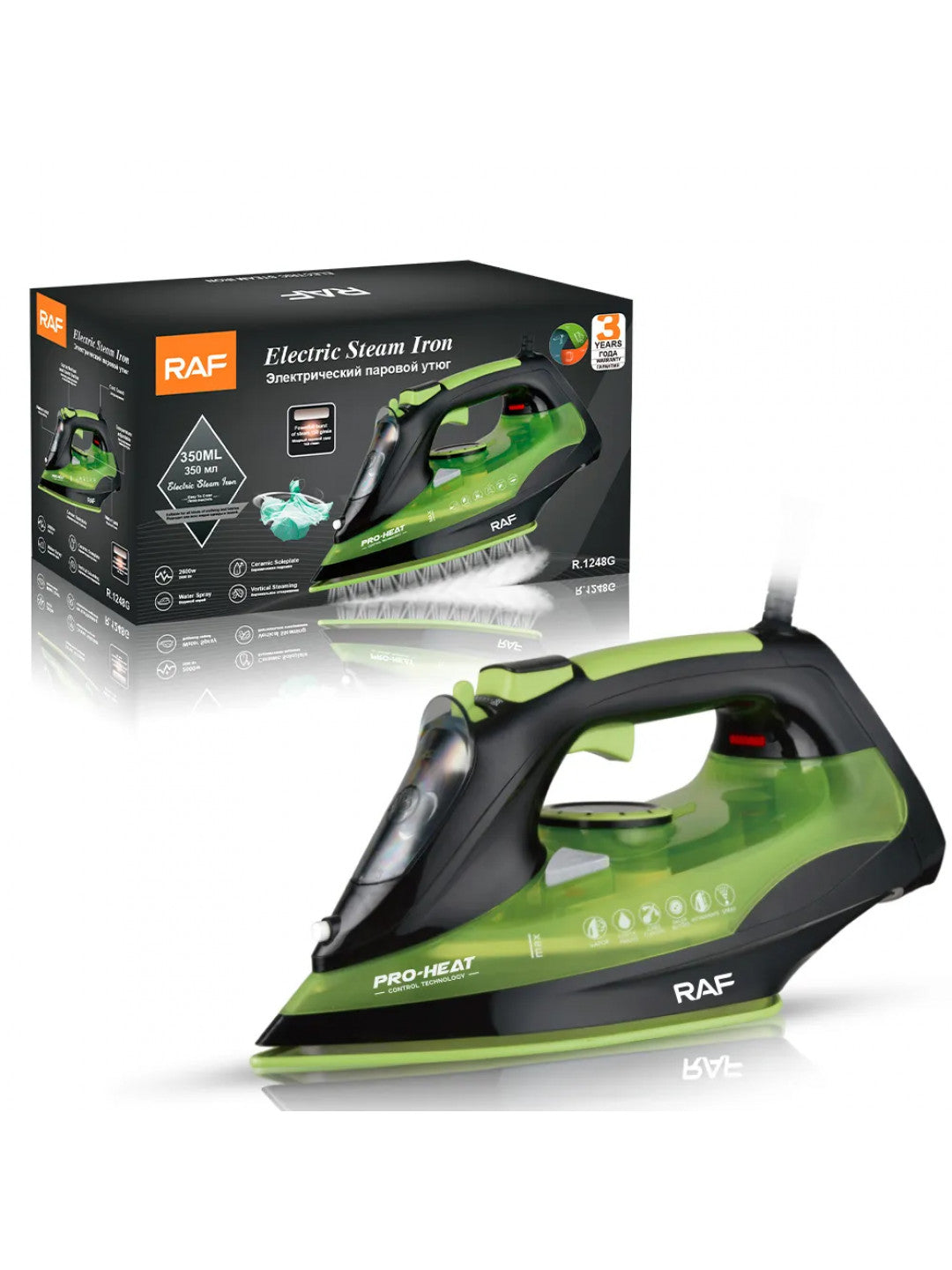 Ferro de engomar elétrico Profissional a vapor RAF R-1248G, 2200 W, base de cerâmica, verde