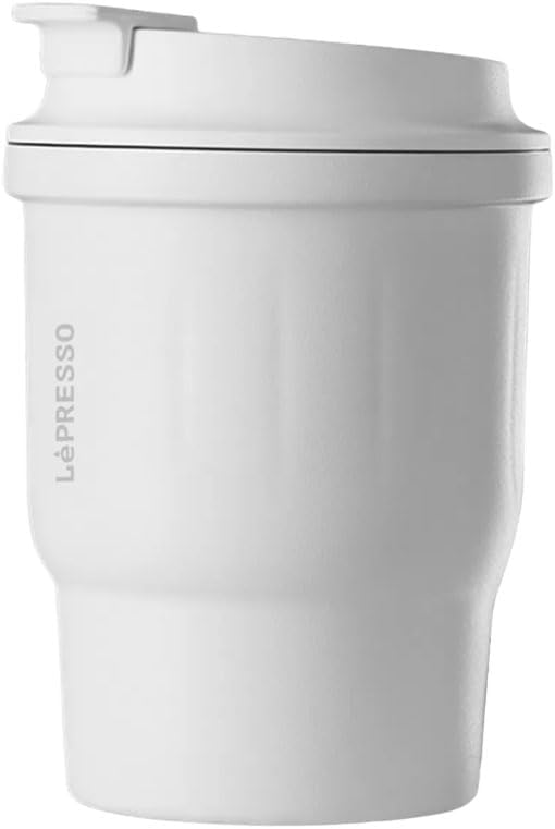 Copo Térmico Lepresso para Bebidas Quentes e Frias, Capacidade de 450ml, 316 Interno & 304 Externo SUS, 8H Manter Aquecido, 10H Manter Frio - Branco