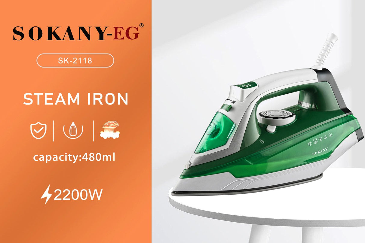 Ferro de Passar Roupas 2200 Watts 480ml - SOKANY SK-YD-2118G Verde
