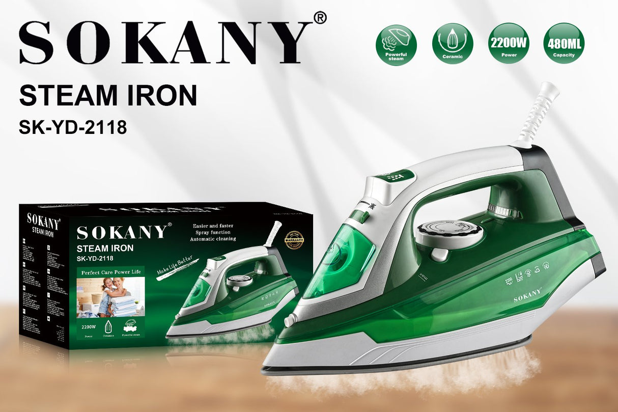 Ferro de Passar Roupas 2200 Watts 480ml - SOKANY SK-YD-2118G Verde