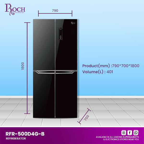 REFRIGERADOR ROCH 500LTR PRETO ESPELHADO 4 PORTA