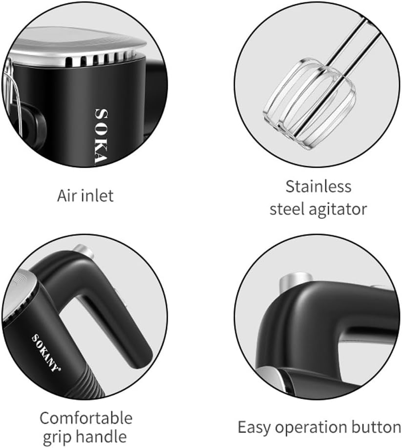Batedeira de mão de aço inoxidável SOKANY 800W, 5 velocidades com botão de saída, batedor de mão com 2 ganchos de massa e 2 batedores (SK-02001 3 em 1 800W)