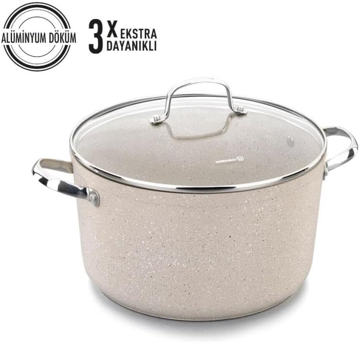 Caçarola de alumínio forjado Korkmaz Granita | Panelas de Base de Indução de Revestimento de Granito | Panela de sopa de alumínio com tampa de vidro 28x14,5cm / 8,0l.