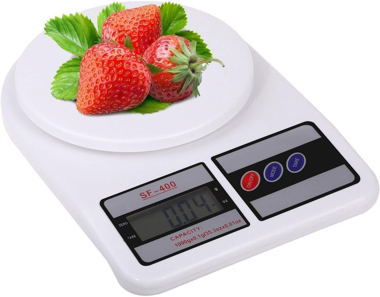 Balança de cozinha digital eletrônica multifuncional - opção de tara - visor LCD SF-400 - gramas e onças (10.000 g) para medição exata de ingredientes para cozinhar ou assar (branco/plástico)
