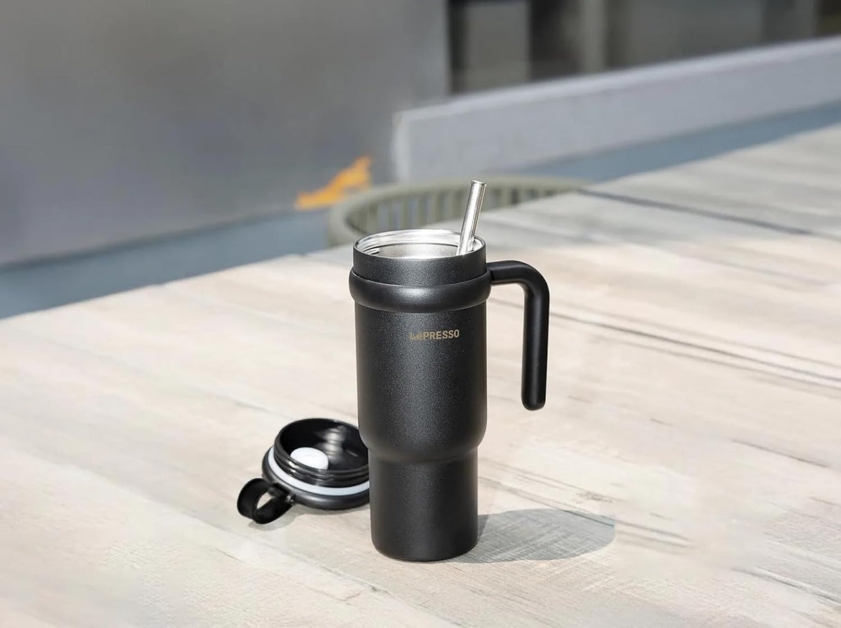Caneca de Café LePresso com Canudo de Inox 900ml - Preto