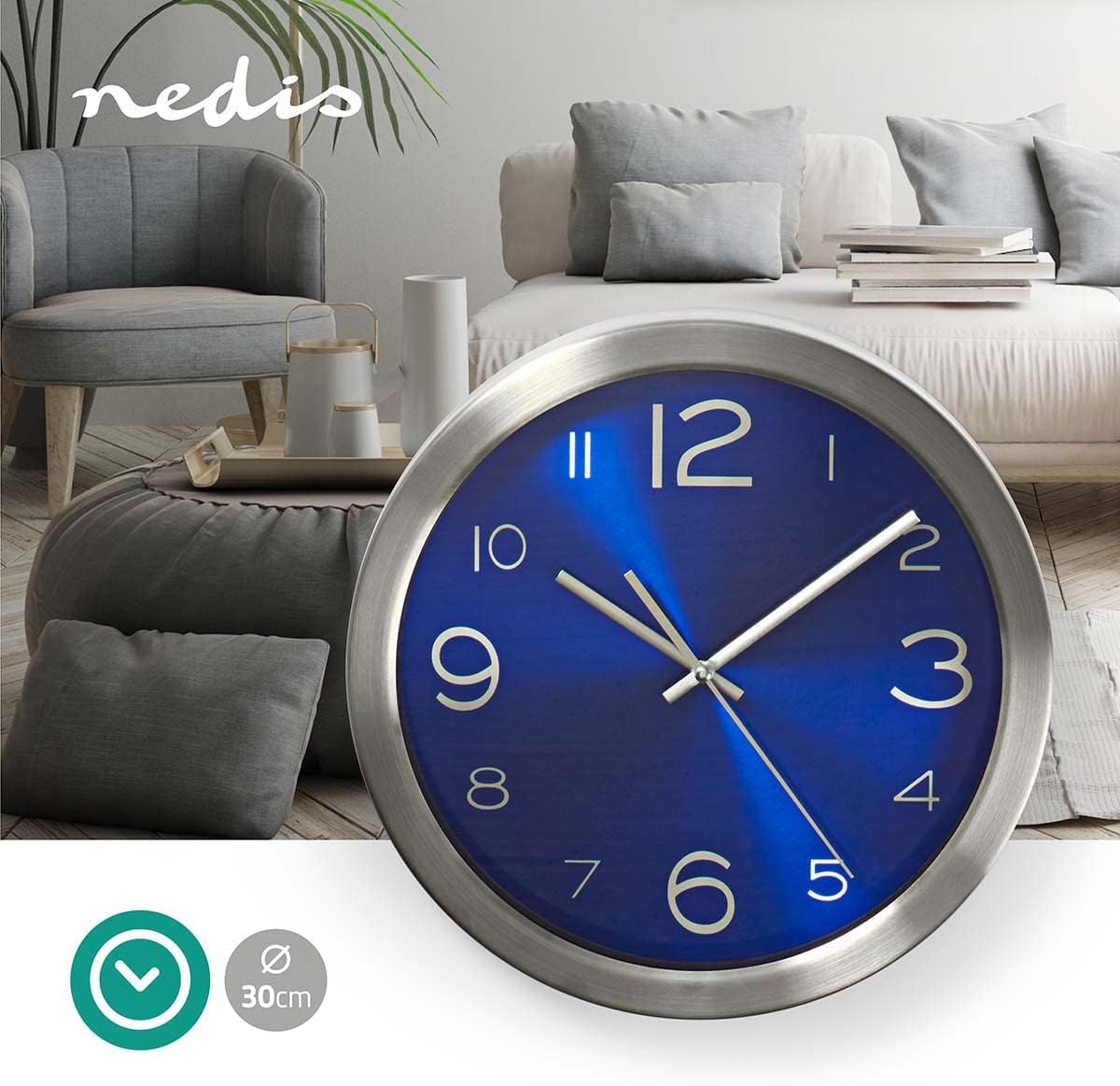 NEDIS CLWA010MT30BU Relógio de Parede Diâmetro do Círculo 30 cm Azul e Aço Inoxidável