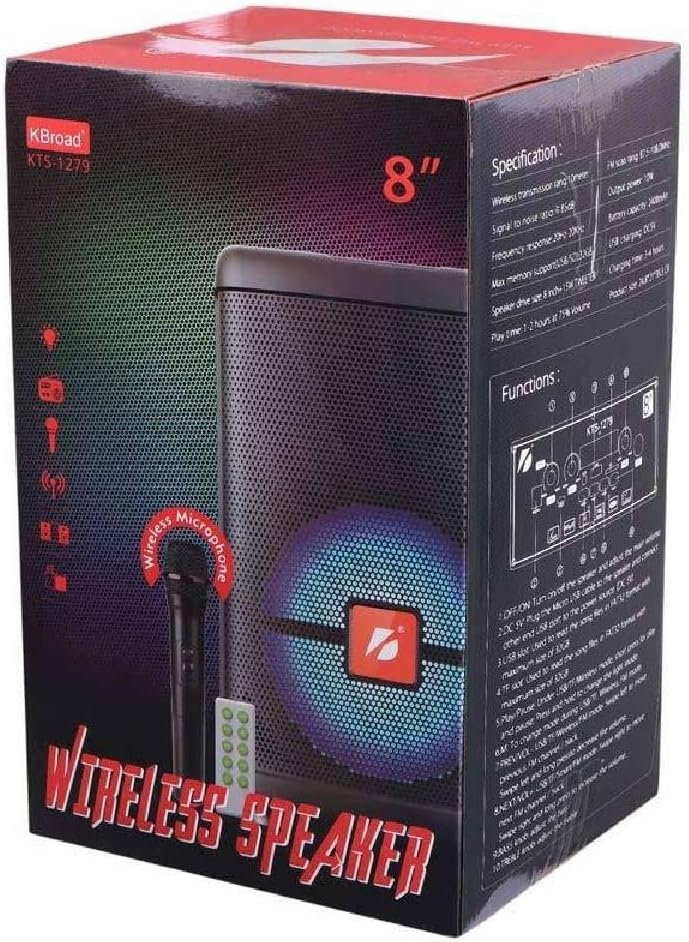 Caixa de Som Bluetooth KTS-1279, 8 Polegadas, com Microfone sem Fio, Karaokê, Luz RGB, Controle Remoto, Preta