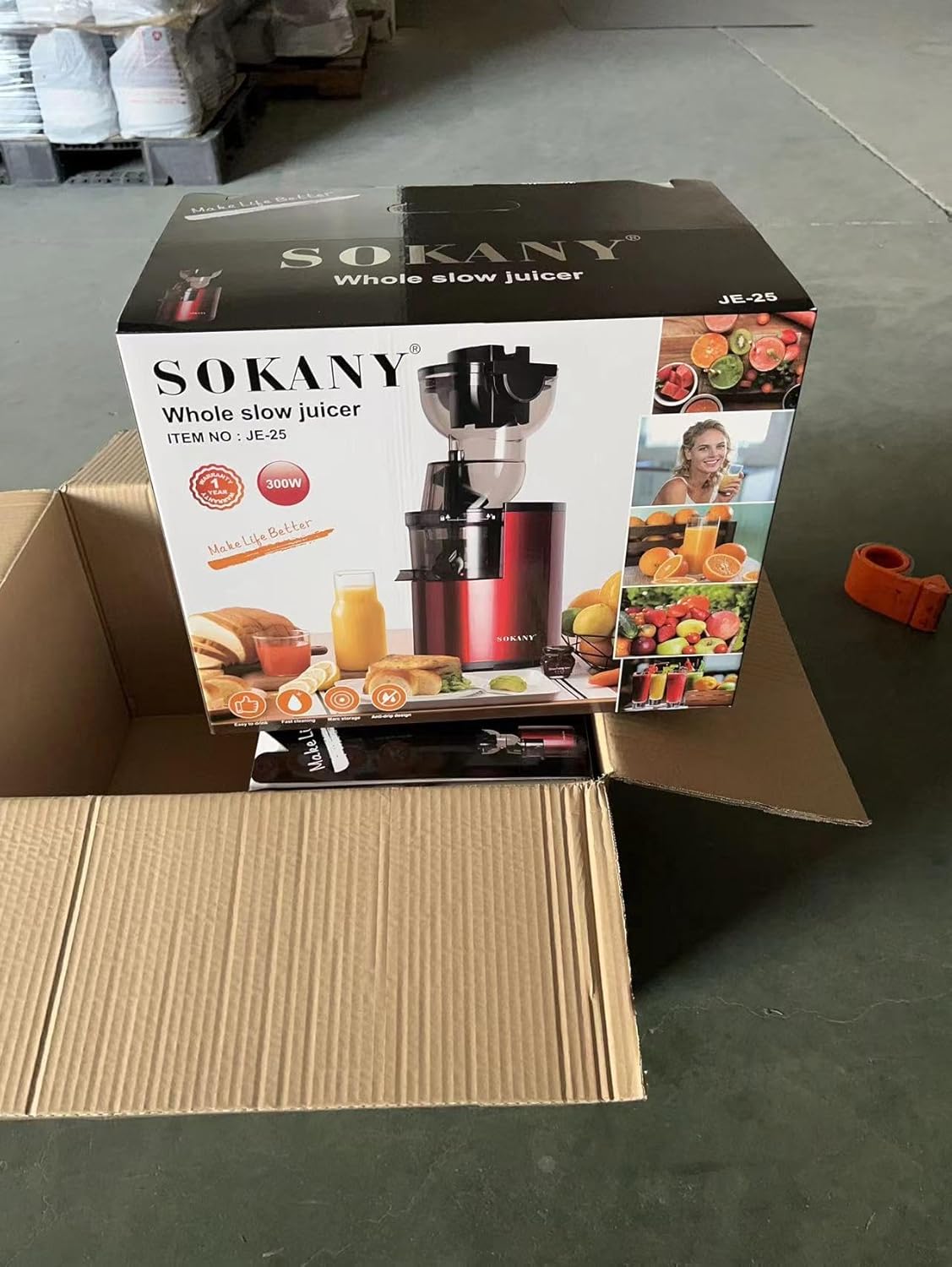 SOKANY JE-25 300W Espremedor de Mastigação Lenta, Calha Grande de 80mm, Jarro de Suco, Recipiente de Polpa, Livre de BPA, Fácil de Limpar, Espremedor Lento Inteiro para Frutas e Legumes, Vermelho