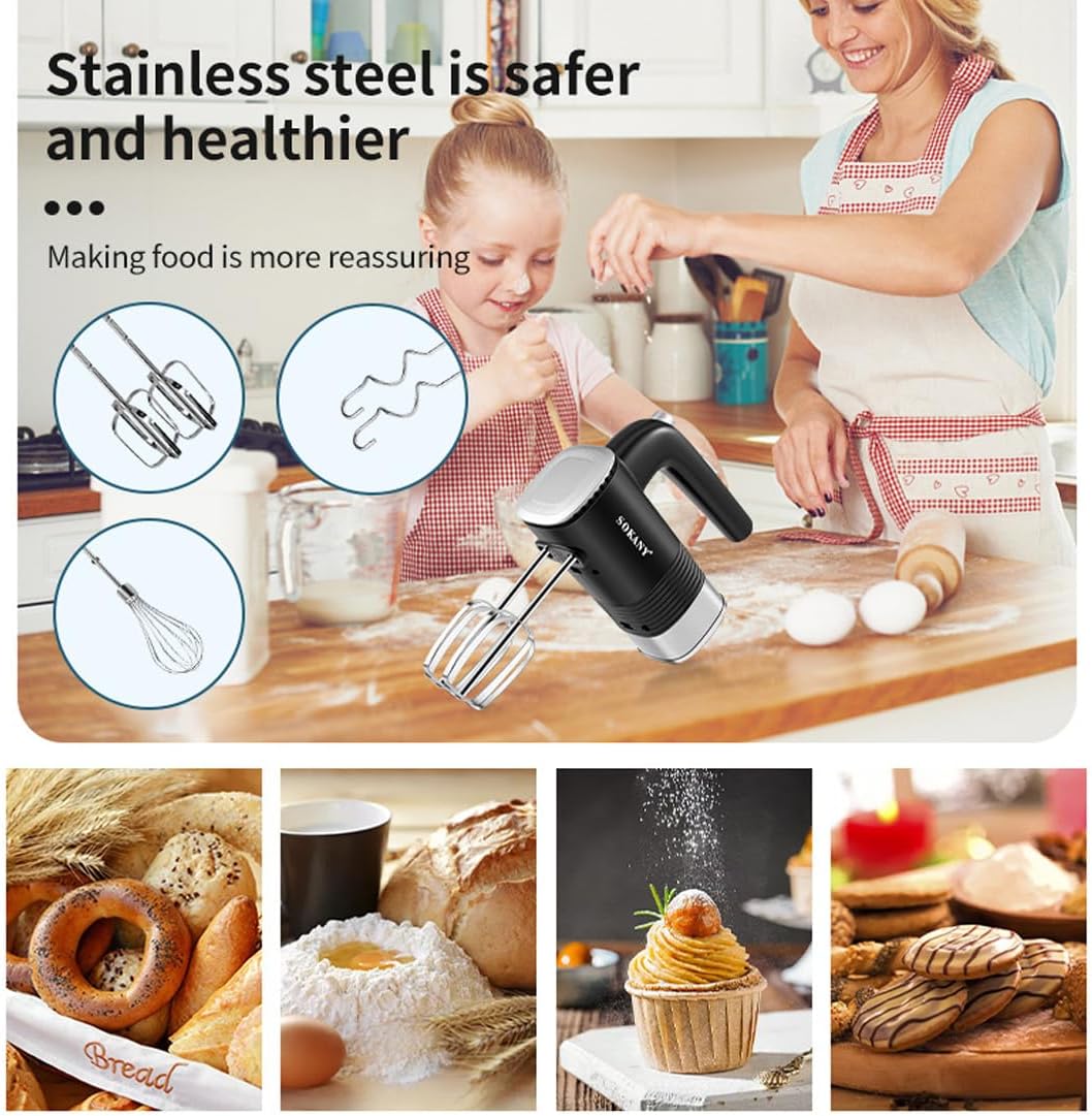 Batedeira de mão de aço inoxidável SOKANY 800W, 5 velocidades com botão de saída, batedor de mão com 2 ganchos de massa e 2 batedores (SK-02001 3 em 1 800W)