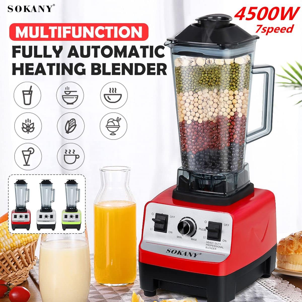 Liquidificador automático de grau comercial Sokany 4500w para serviço pesado, frasco de 2l - multicolorido
