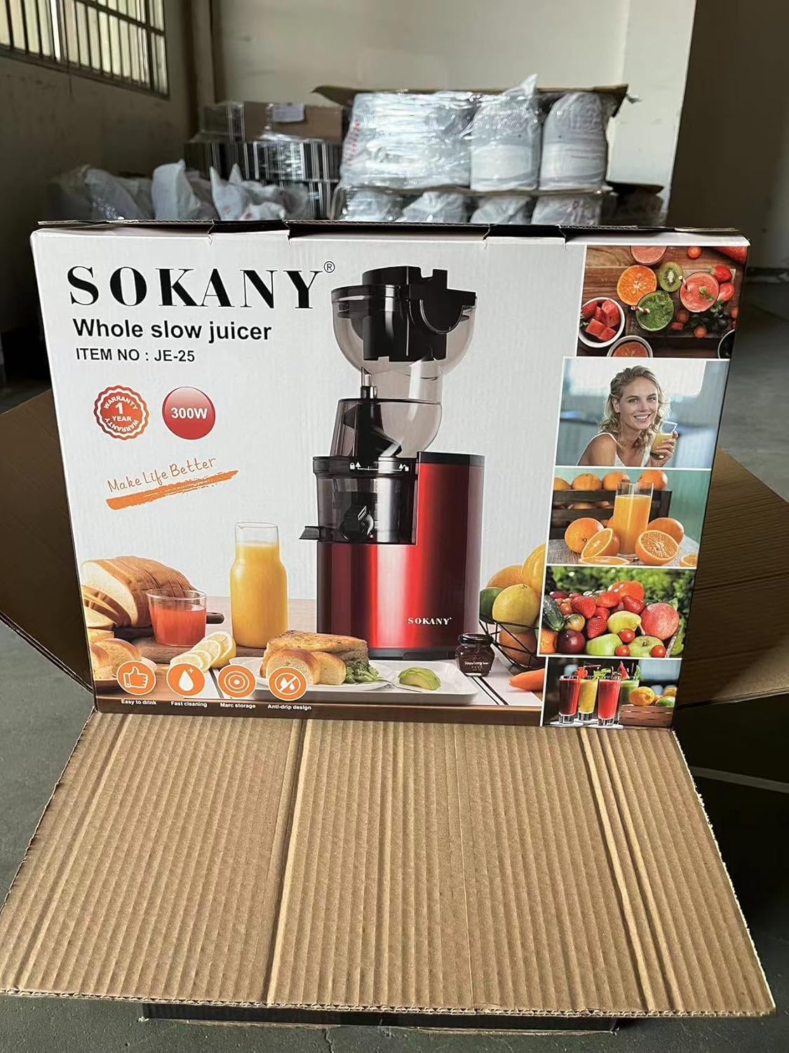 SOKANY JE-25 300W Espremedor de Mastigação Lenta, Calha Grande de 80mm, Jarro de Suco, Recipiente de Polpa, Livre de BPA, Fácil de Limpar, Espremedor Lento Inteiro para Frutas e Legumes, Vermelho