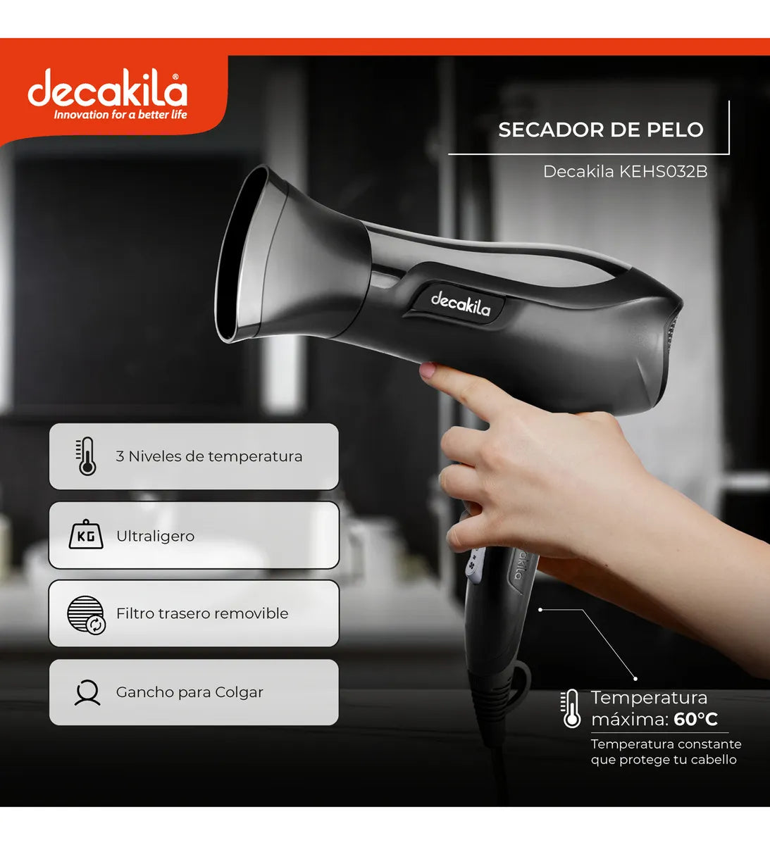 Secador de Cabelo Decakila Kehs032b 2200w 3 Temperaturas Ion