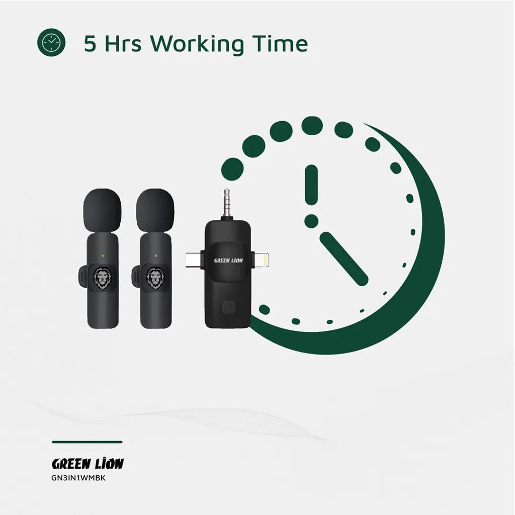 Microfone Green Lion 3 EM 1 Tipo-C / Lightning / Aux - Preto