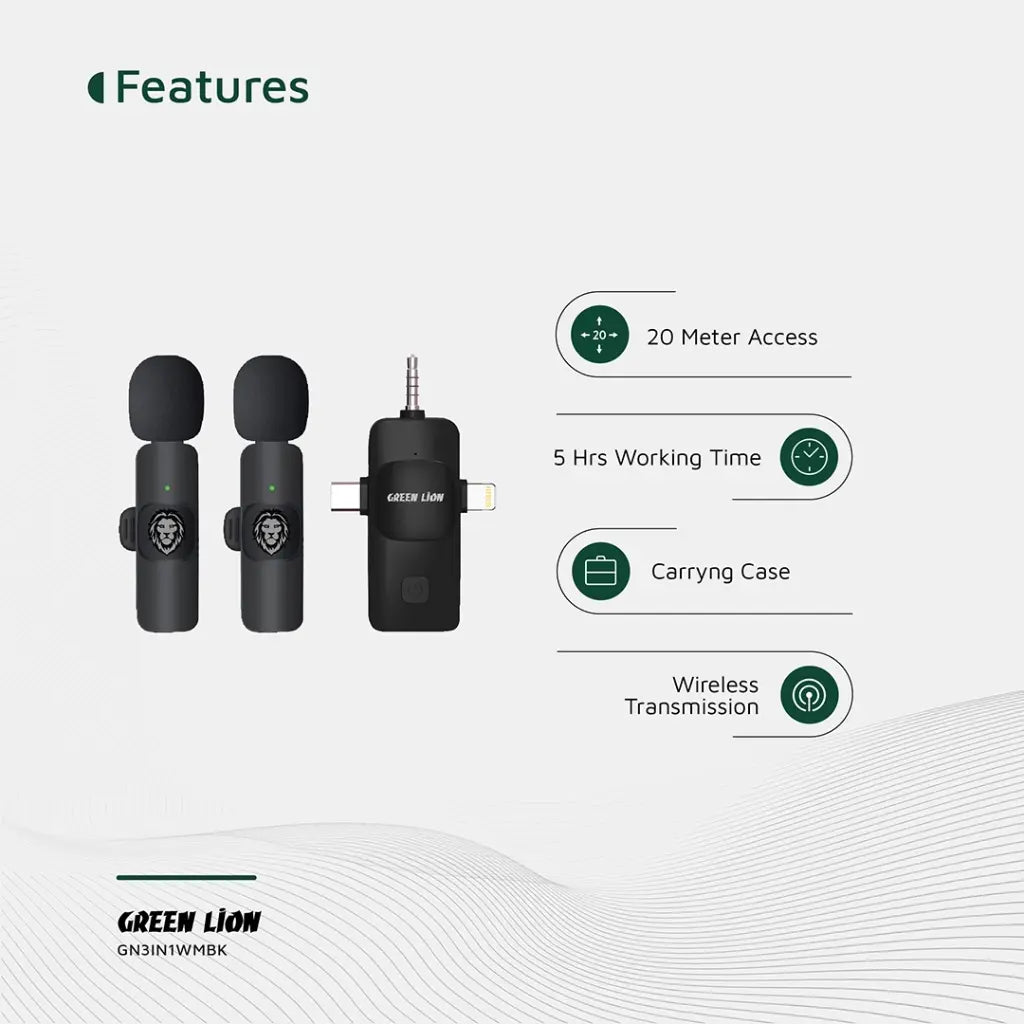 Microfone Green Lion 3 EM 1 Tipo-C / Lightning / Aux - Preto