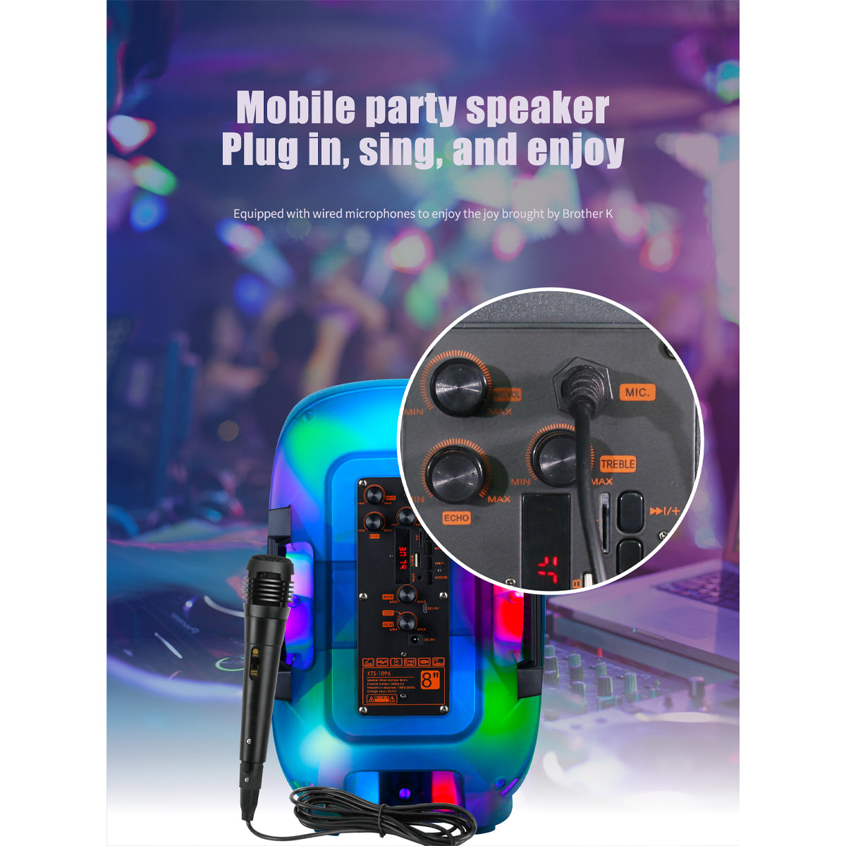 Alto-falante de 8 polegadas Kts-1896 Microfone Bluetooth Rádio FM Cor preta