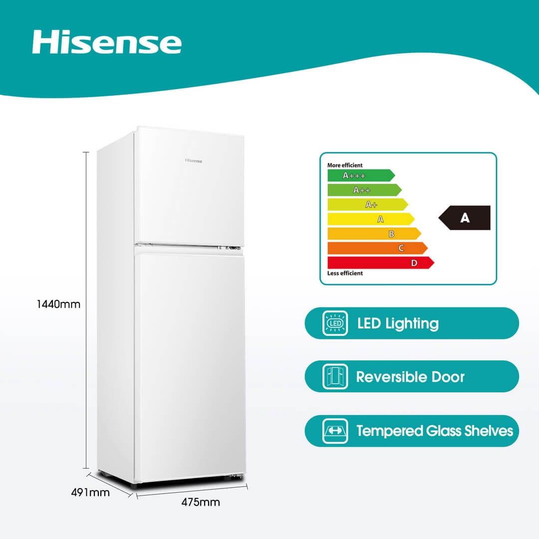 Frigorífico Hisense 154L Branco – Compacto, Silencioso, Prateleiras em Vidro Temperado – Modelo H225TWH