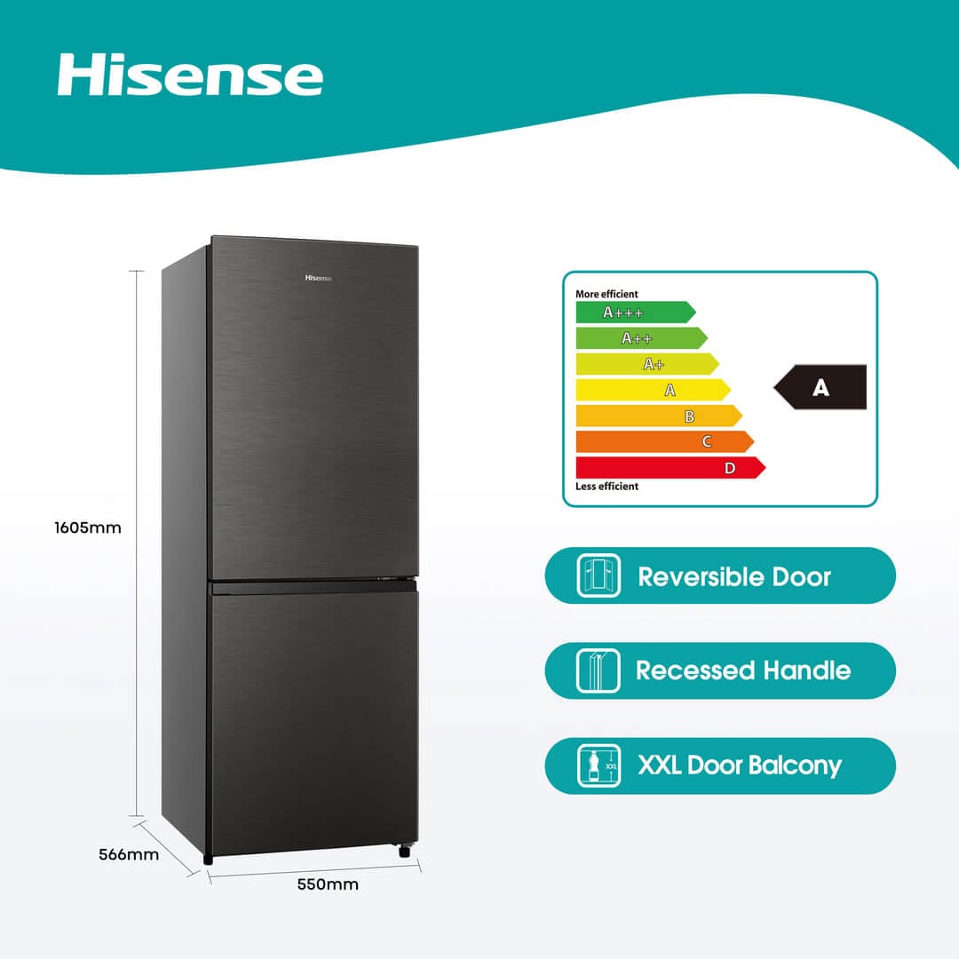 Frigorífico Combinado Hisense 224L Inox – Congelador Inferior, Iluminação LED – Modelo H310BIT