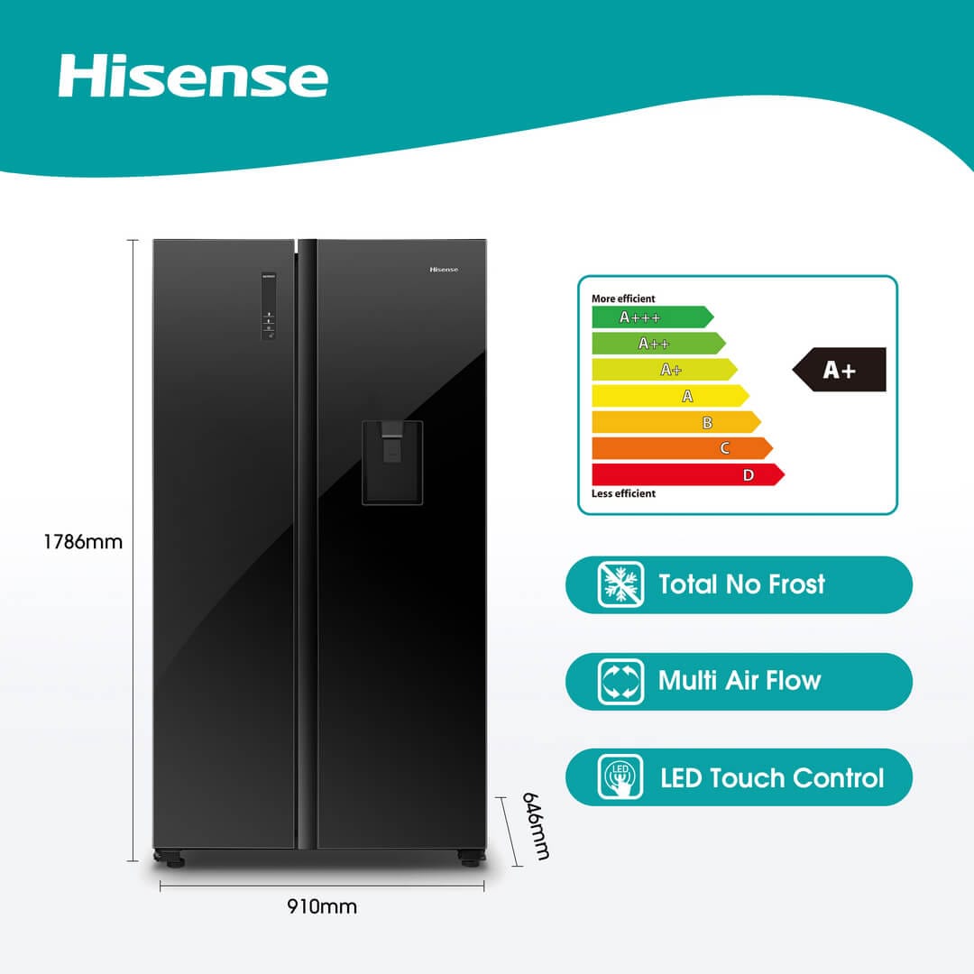 Frigorífico Hisense Side by Side 514L Inox – Dispensador de Água, Multi Air Flow, No Frost – Modelo H670SMIB