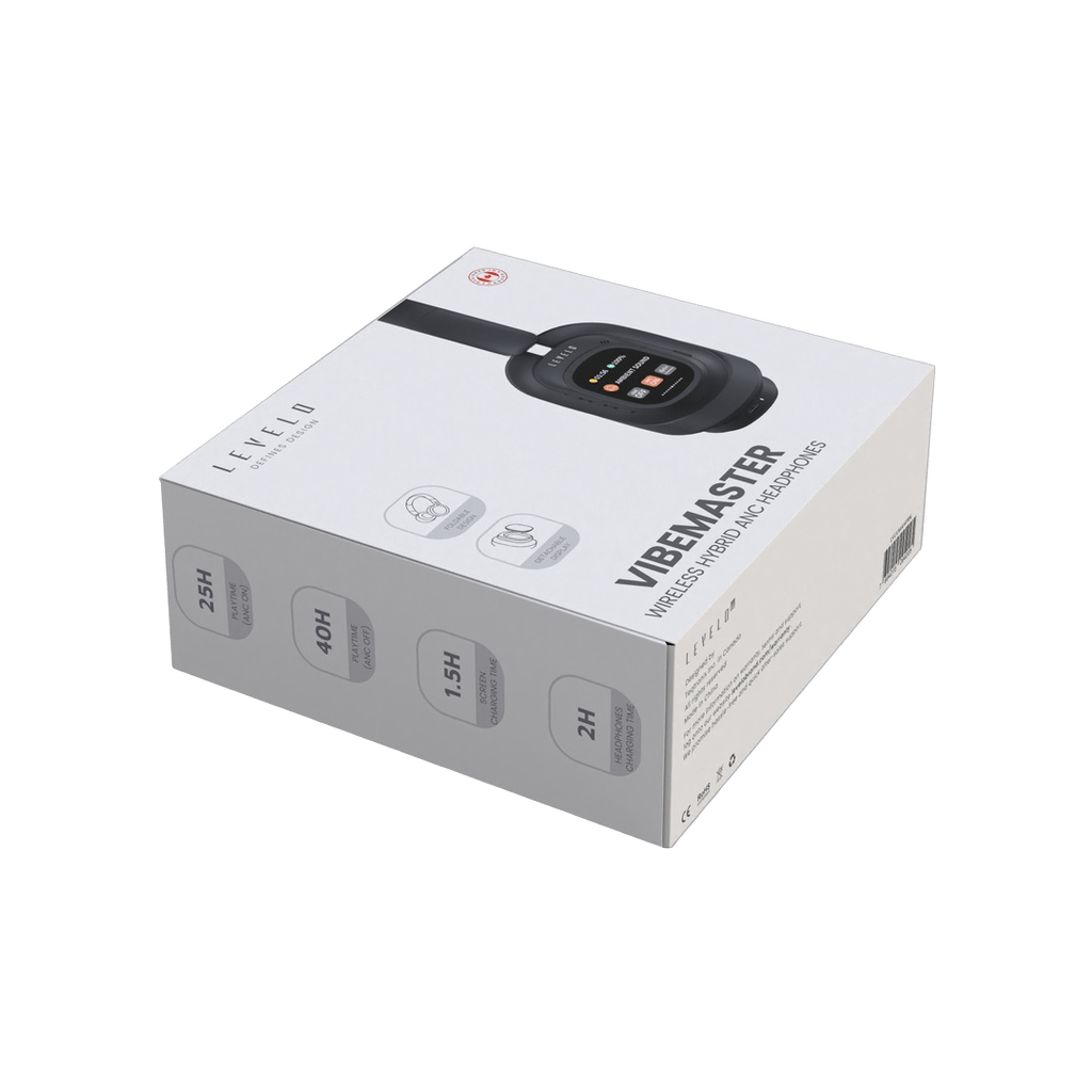 Fone de ouvido ANC híbrido sem fio Levelo VibeMaster com cabo AUX de 1,2 m, 2 horas de carregamento, bateria de íon de lítio de 600mAh, microfones duplos com detecção de ruído, couro de proteína ultramacio