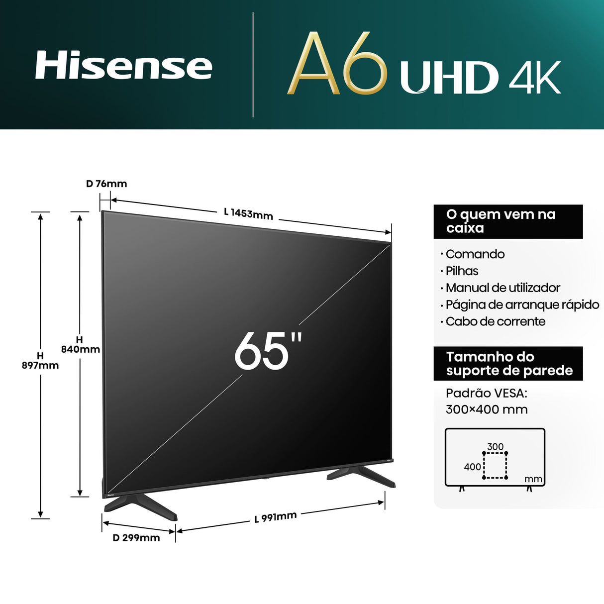 TV Hisense 65” 4K UHD Smart VIDAA – Dolby Vision, AI Sports, Game Mode – Modelo 65A6N-SKDC