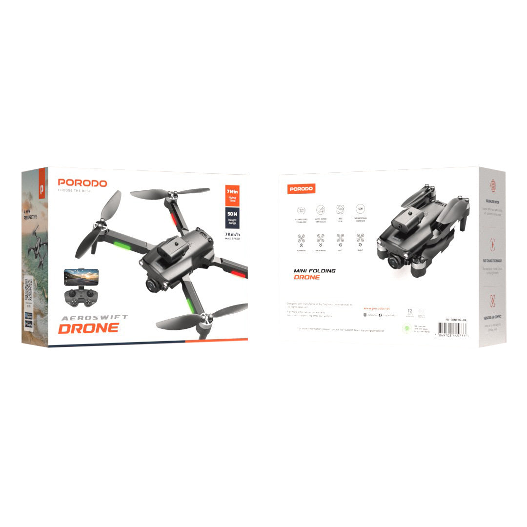 Porodo RC Drone – Drone Dobrável com Motor Brushless e Evitamento de Obstáculos – Preto