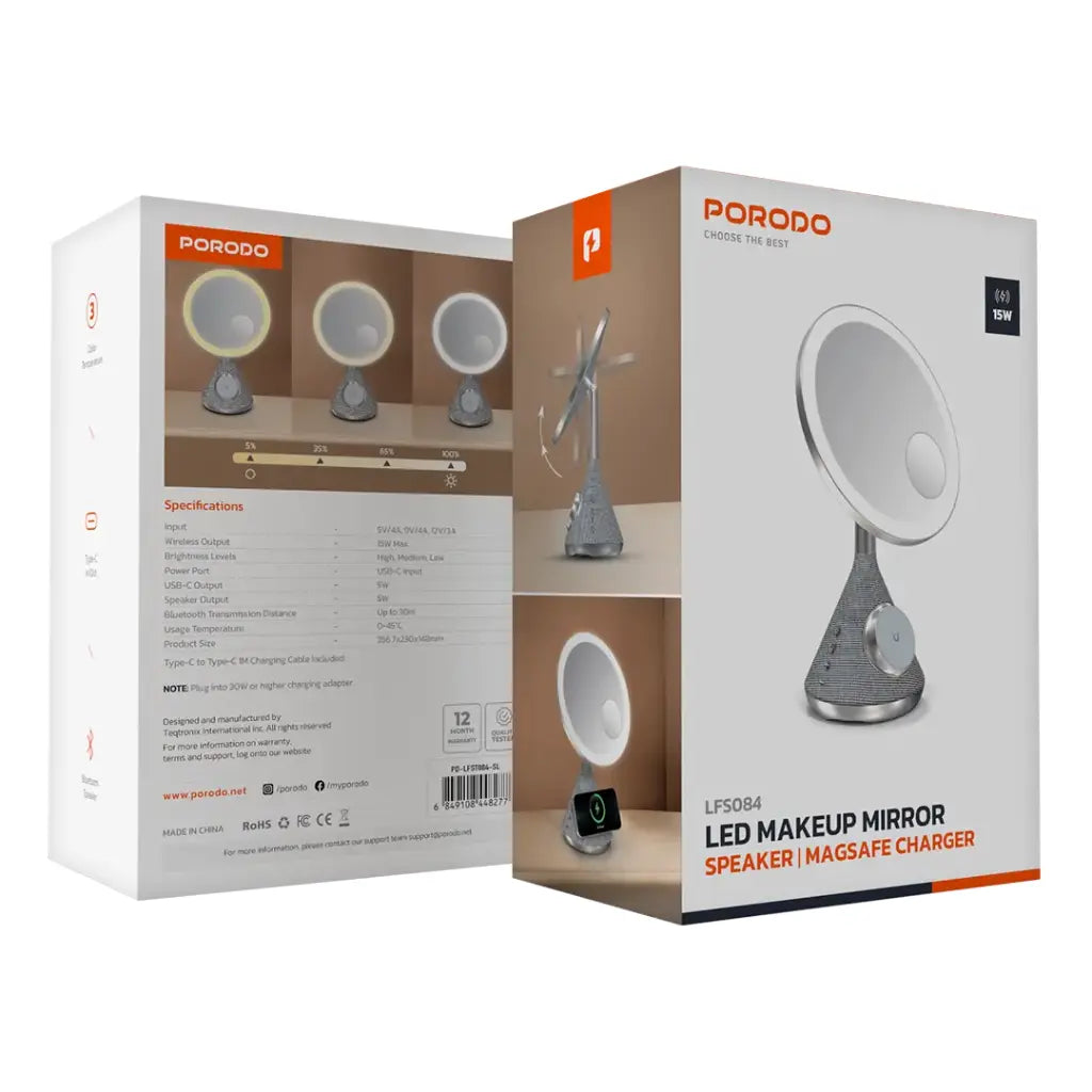 Porodo Lifestyle Carregador Magnético Zoomed 15W 3 em 1 com Coluna e Espelho – Prata