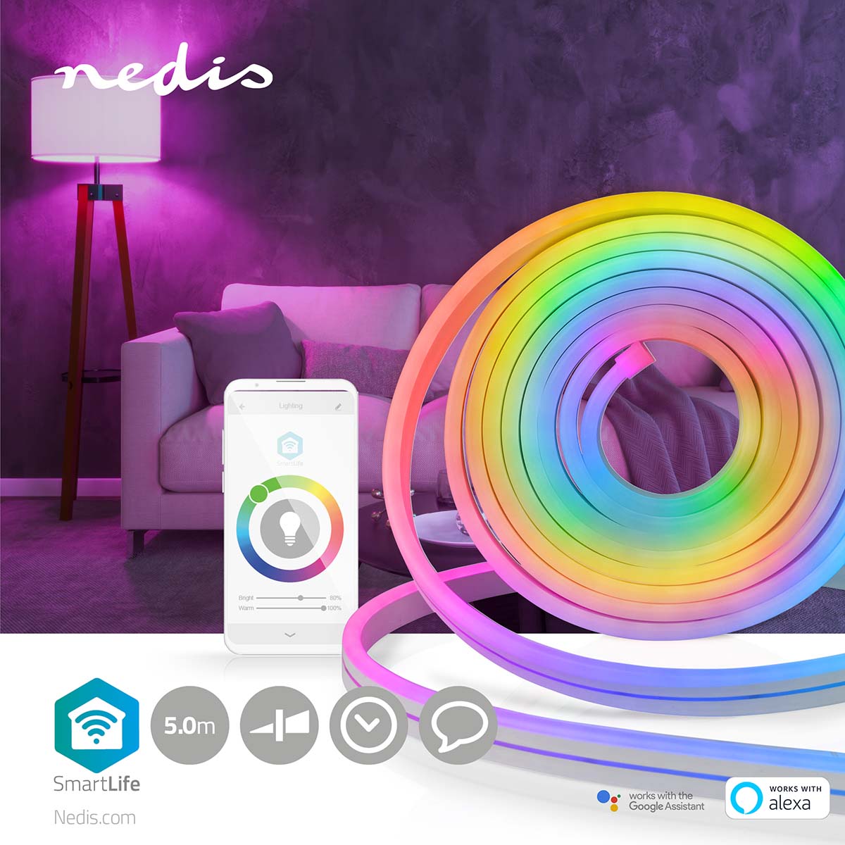 FITA LED NÉON 5M NEDIS SMARTLIFE RGB – ILUMINAÇÃO COLORIDA E CONTROLE VIA WIFI PARA AMBIENTES MODERNOS