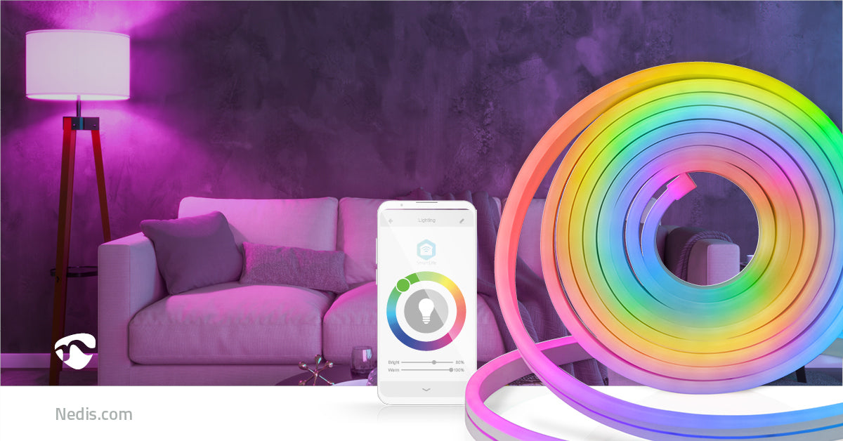 FITA LED NÉON 5M NEDIS SMARTLIFE RGB – ILUMINAÇÃO COLORIDA E CONTROLE VIA WIFI PARA AMBIENTES MODERNOS