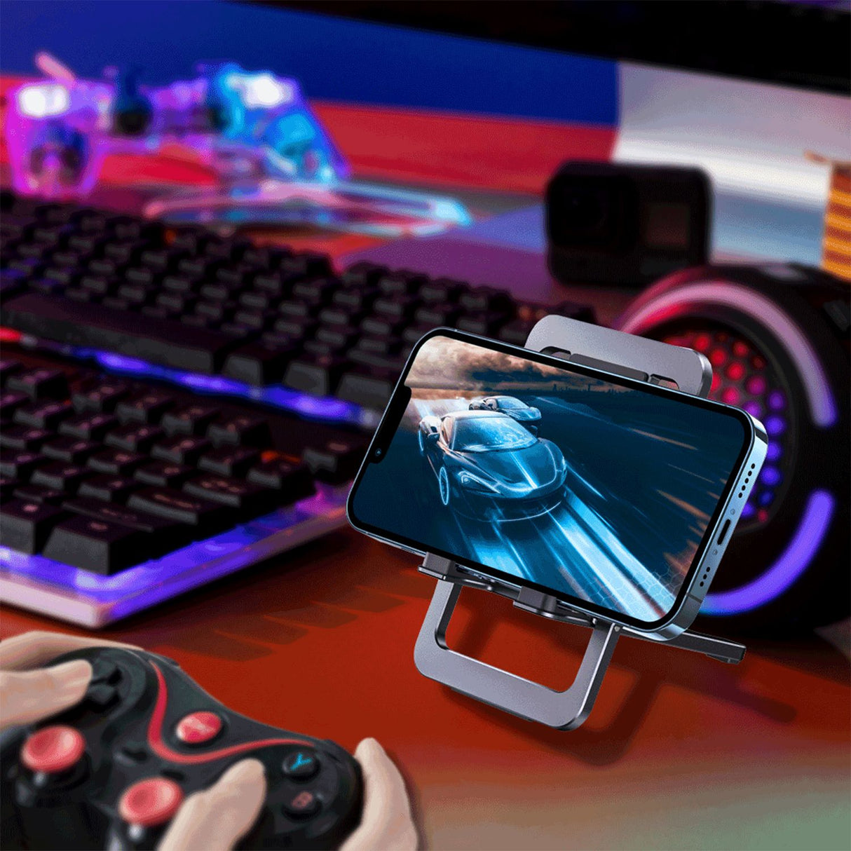 Suporte de Telefone Dobrável de Alumínio e Silicone Levelo Airlift, Design Fino e Leve, Material Forte e Durável - Cinza