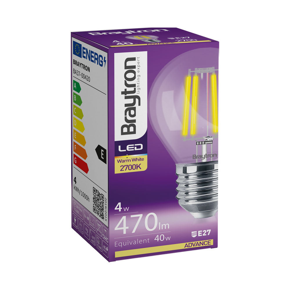 Lâmpada LED G45 4W E27 Transparente 3000K 470lm Braytron