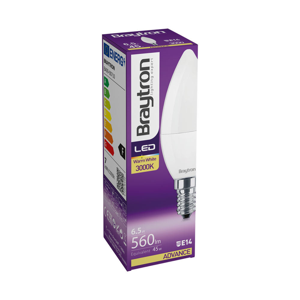 Lâmpada LED Vela 6,5W 560lm E14 6500K Braytron