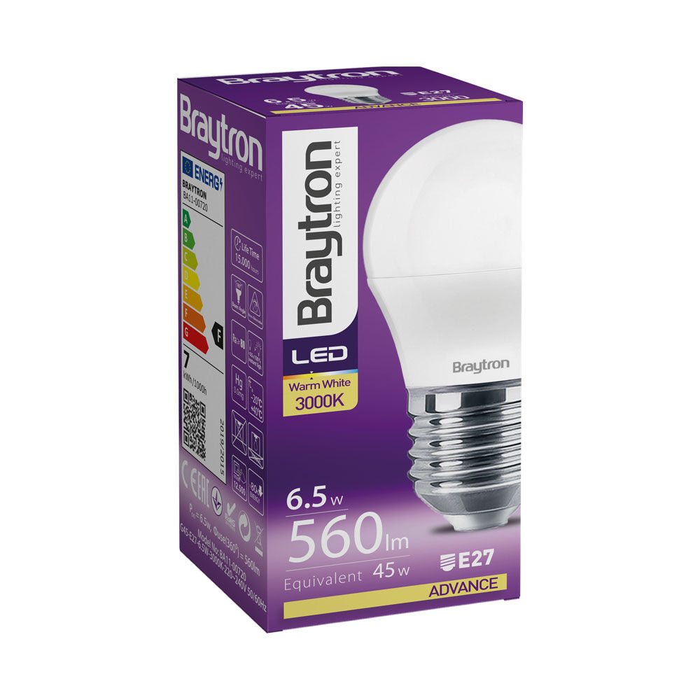 Lâmpada LED Esférica 6,5W 560lm E27 3000K Braytron