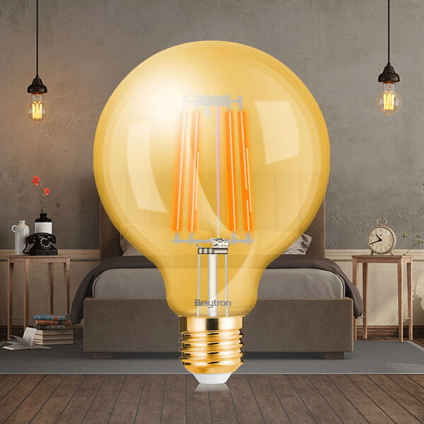 Lâmpada LED Filamento G125 6W E27 2200K Âmbar Braytron – Iluminação Vintage com Alta Presença