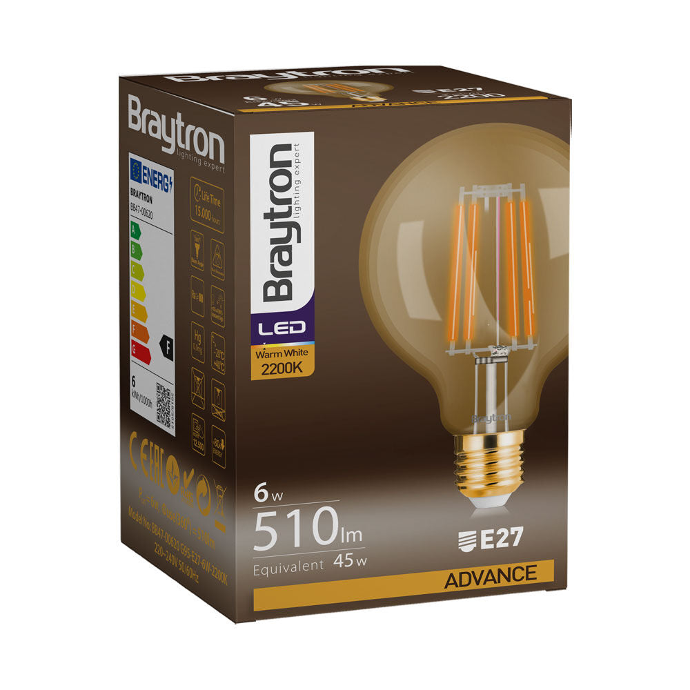 Lâmpada LED Filamento G95 6W E27 2200K Âmbar Braytron – Estilo Retrô para Ambientes Sofisticados