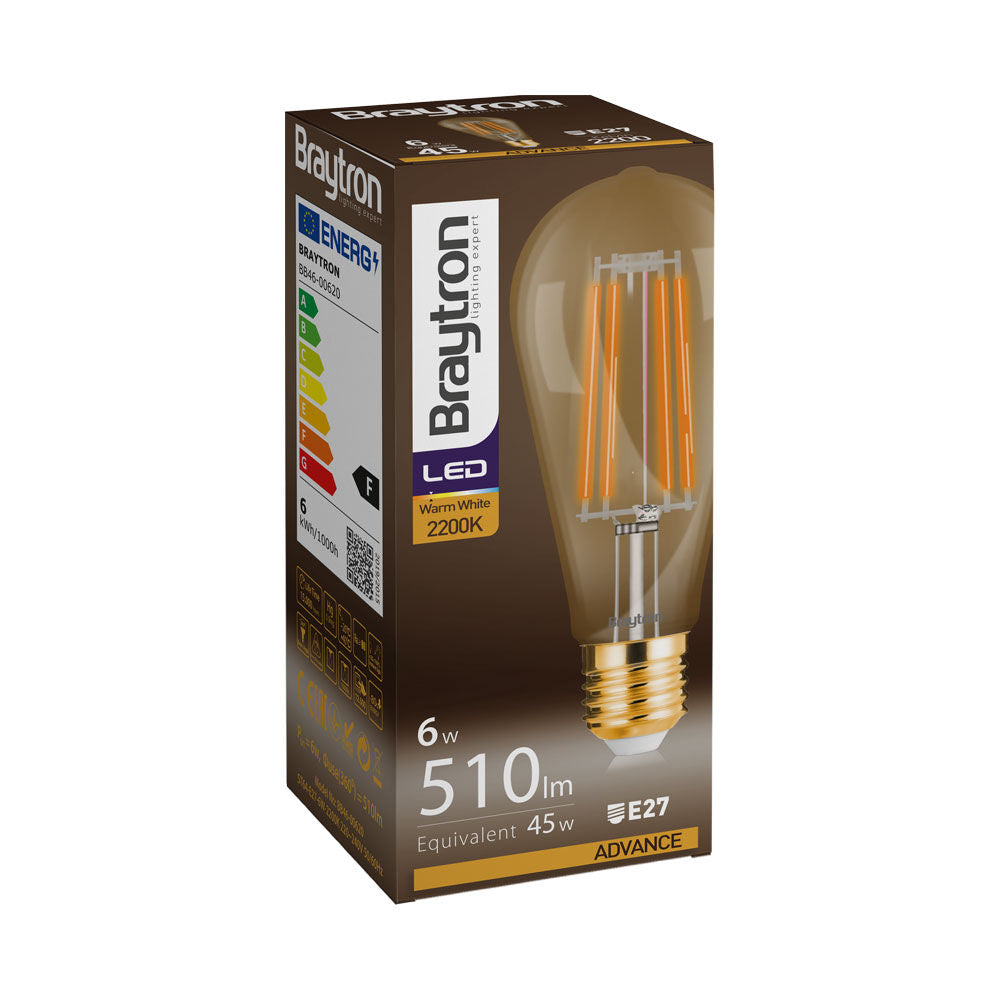 Lâmpada LED Filamento ST64 6W E27 2200K Âmbar Braytron – Vintage e Aconchegante