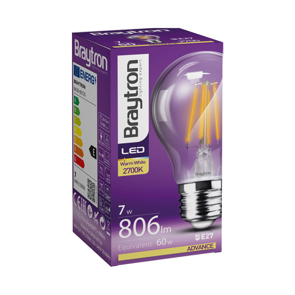 Lâmpada LED A60 7W E27 Transparente 6500K 806lm Braytron