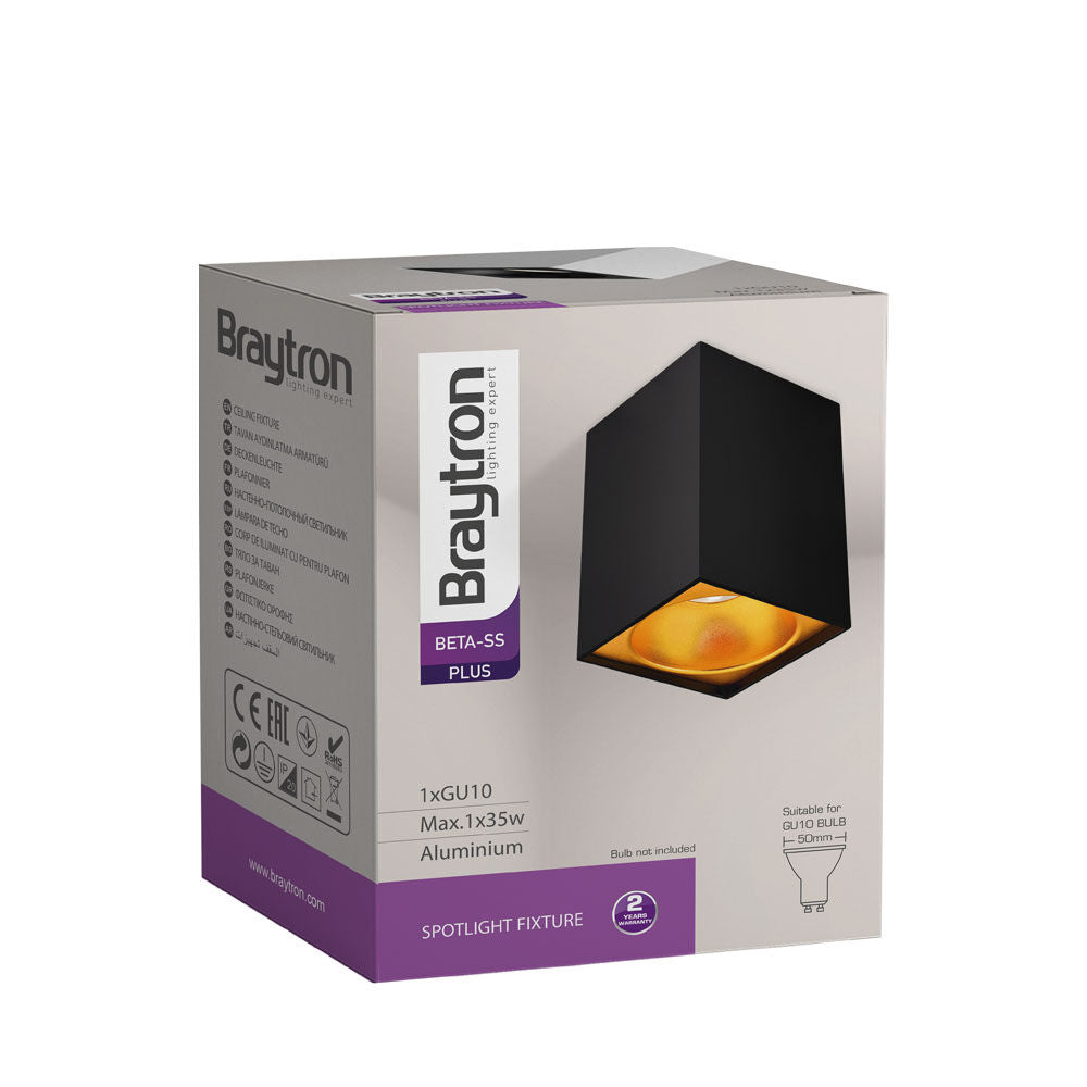 Spot LED Braytron Beta 8012 Quadrado Preto com Acabamento Dourado GU10 | Iluminação Direcionada