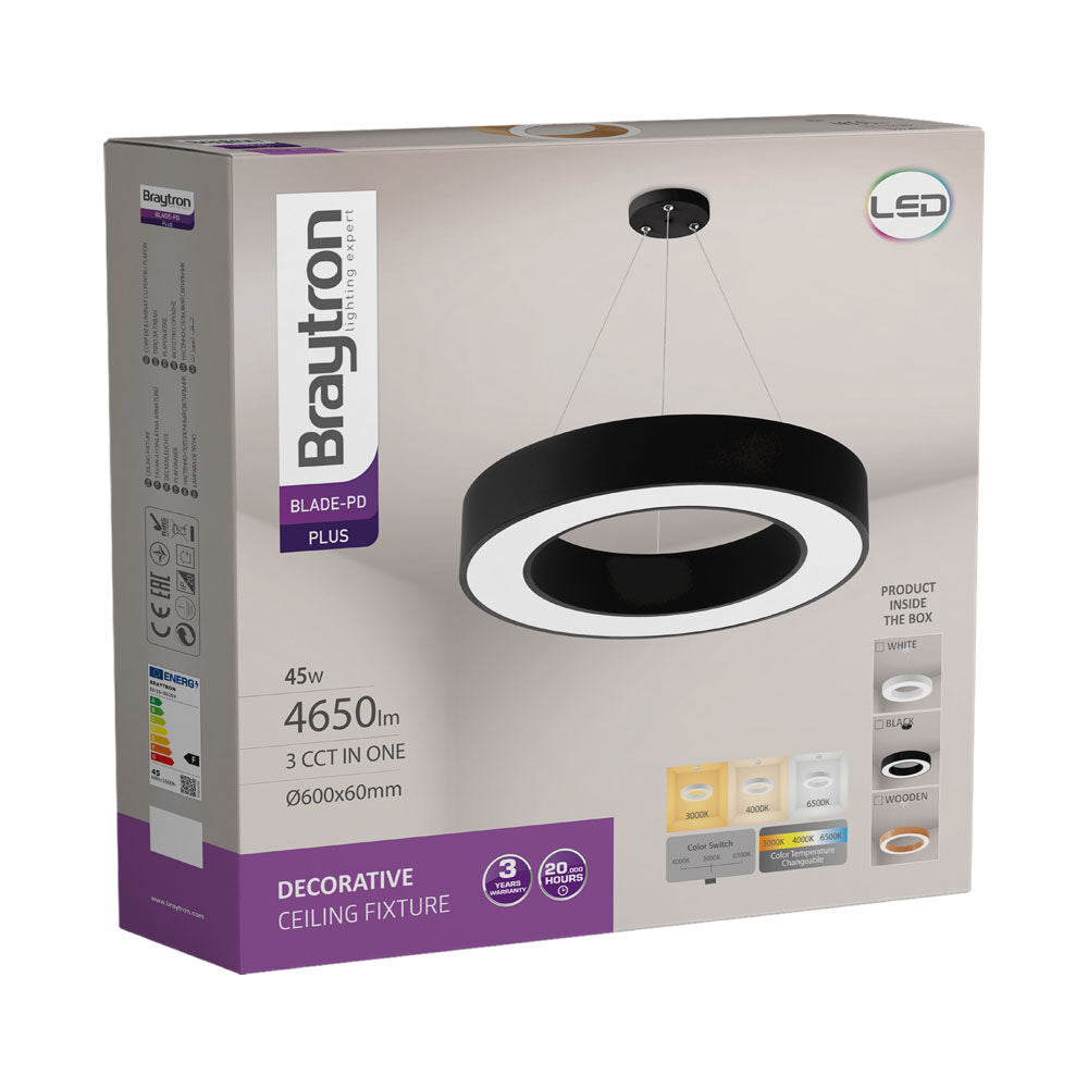 Luminária de Teto Braytron Blade Pendente Redonda 45W Preta com Controle Remoto | Iluminação Regulável