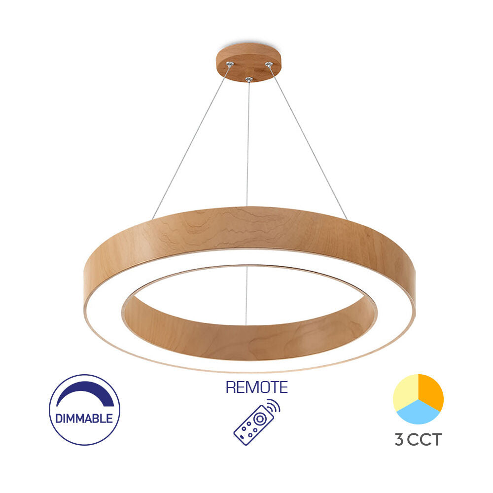 Luminária de Teto Braytron Blade Pendente Redonda 45W Madeira com Controle Remoto | Iluminação Regulável