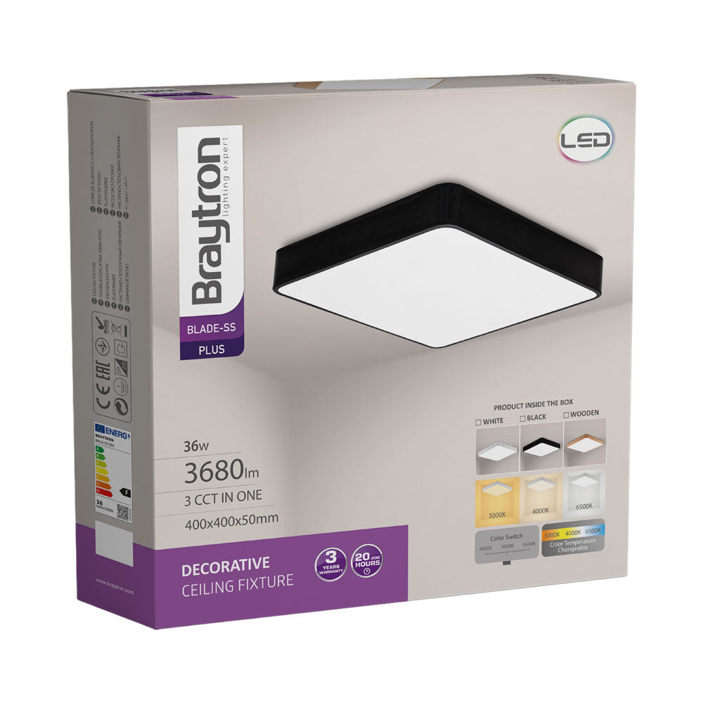 Luminária de Teto Braytron Blade Quadrada 36W 3IN1 Preta | Iluminação Regulável