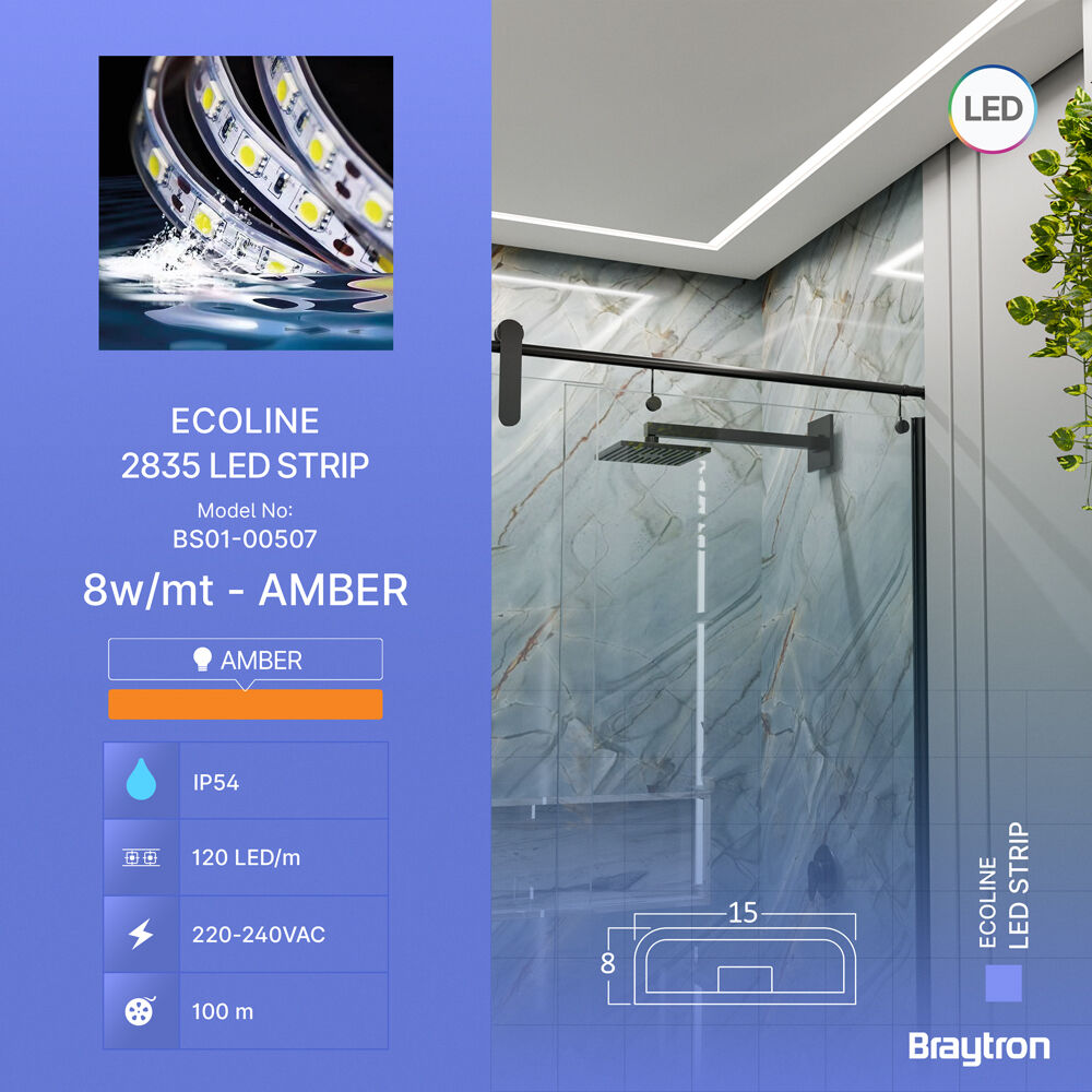 Fita LED Braytron 120L 2835 Âmbar 220V IP54 | Iluminação LED