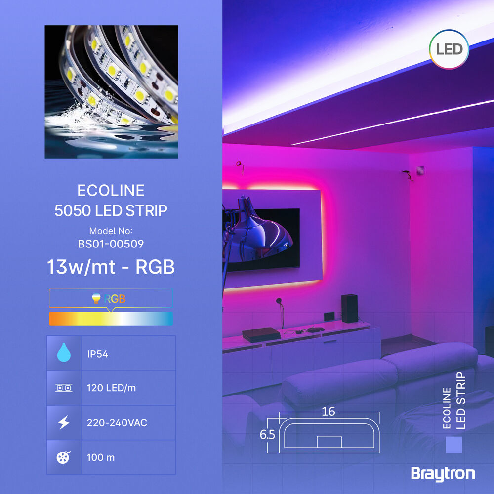 Fita LED Braytron 120LED 5050 RGB 220V IP54 | Iluminação LED