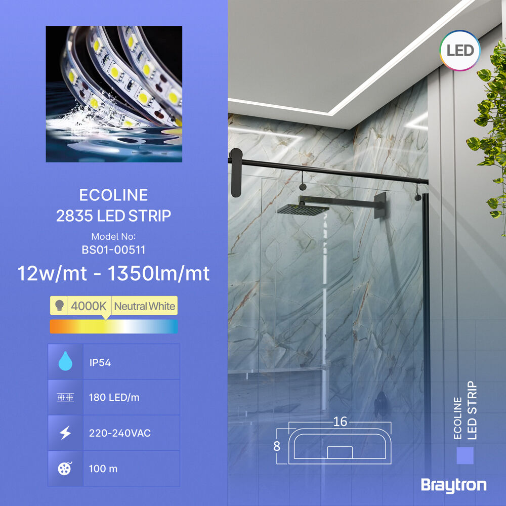Fita LED Braytron 180L 2835 4000K 220V IP54 | Iluminação LED