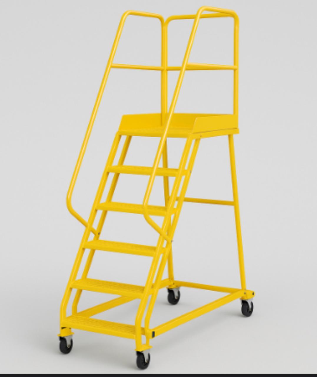 Escada com H2200 e rodas, Longarinas Tubo, rodas com travão, Guardas corpos altura 1100mm, Acabamento Primário e Esmalte Amarelo / degraus alternado preto