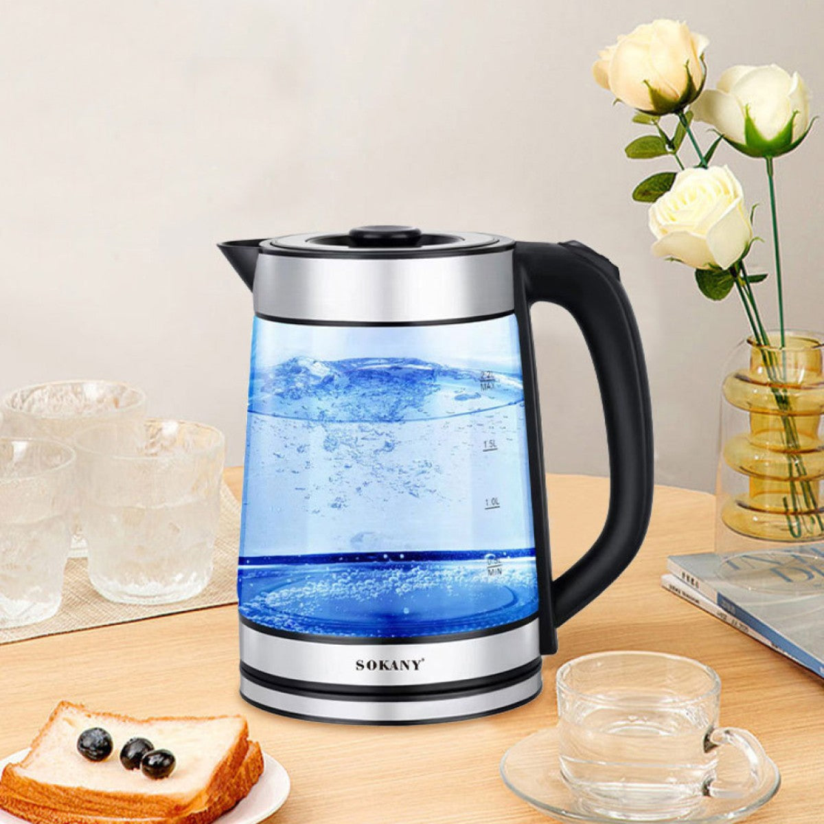 Chaleira elétrica Chaleira de vidro silencioso Sokany SK-SH-1070 com luz de fundo 2,2 l 2000 W
