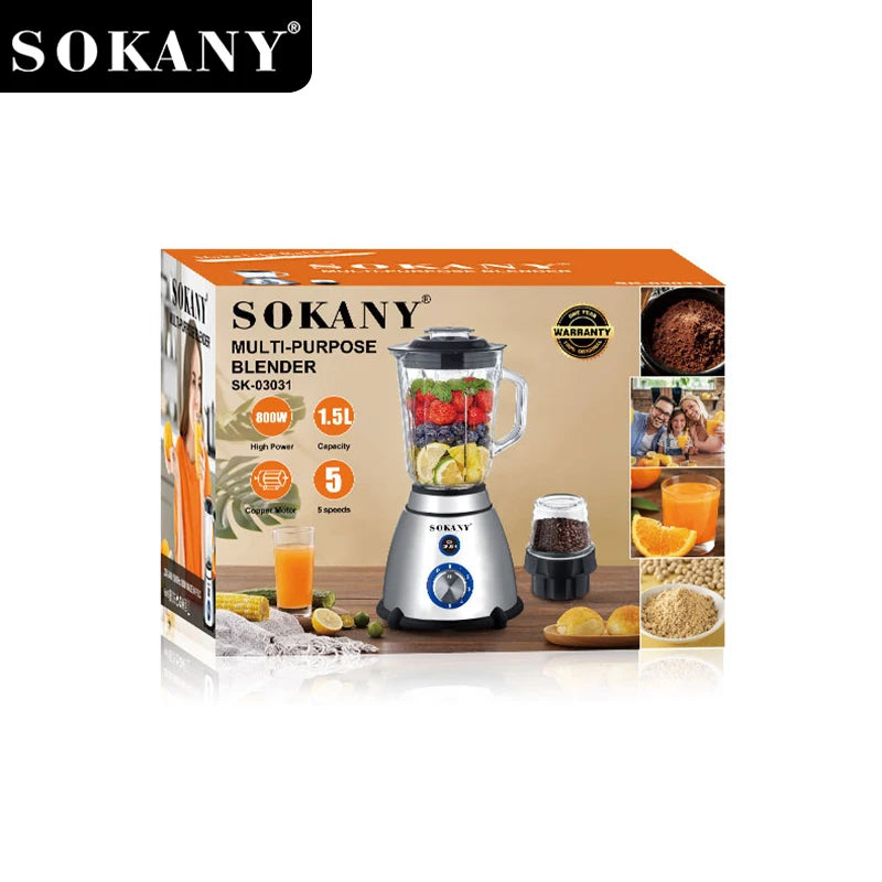 Liquidificador multiuso SOKANY SK-03031 800W com 5 velocidades <000000> Copo de vidro de 1,5L