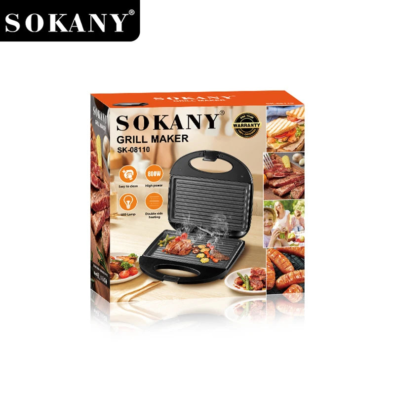 Sokany SK-08110 800W Grill Maker com revestimento antiaderente e corpo plástico resistente ao calor